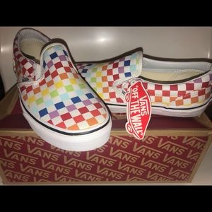 rainbow checkerboard slip on vans